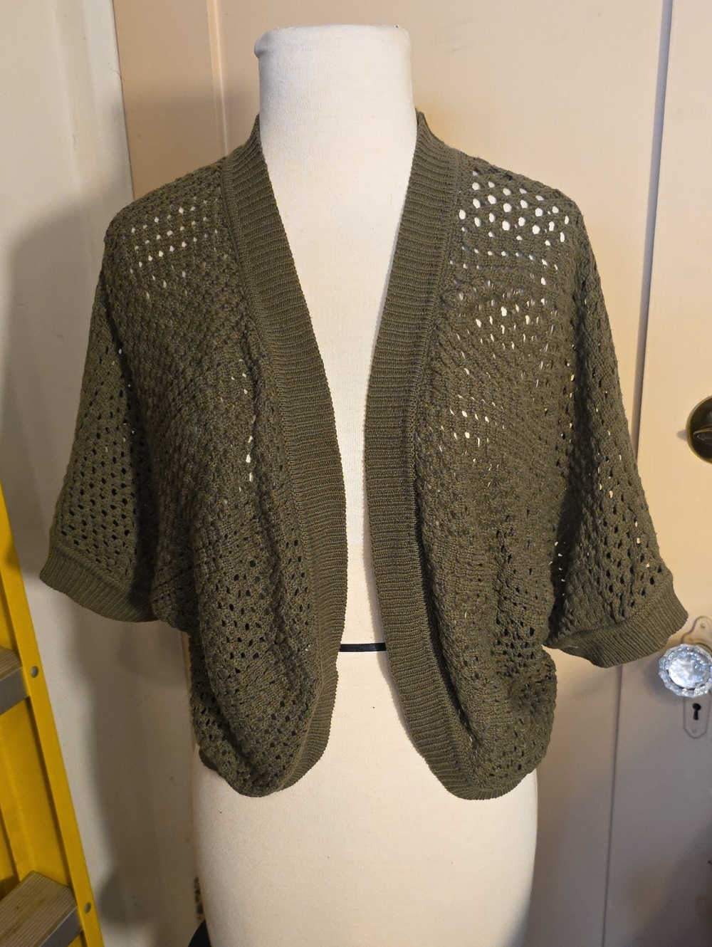 Covington Olive Open-Weave Short Sleeve Cardigan